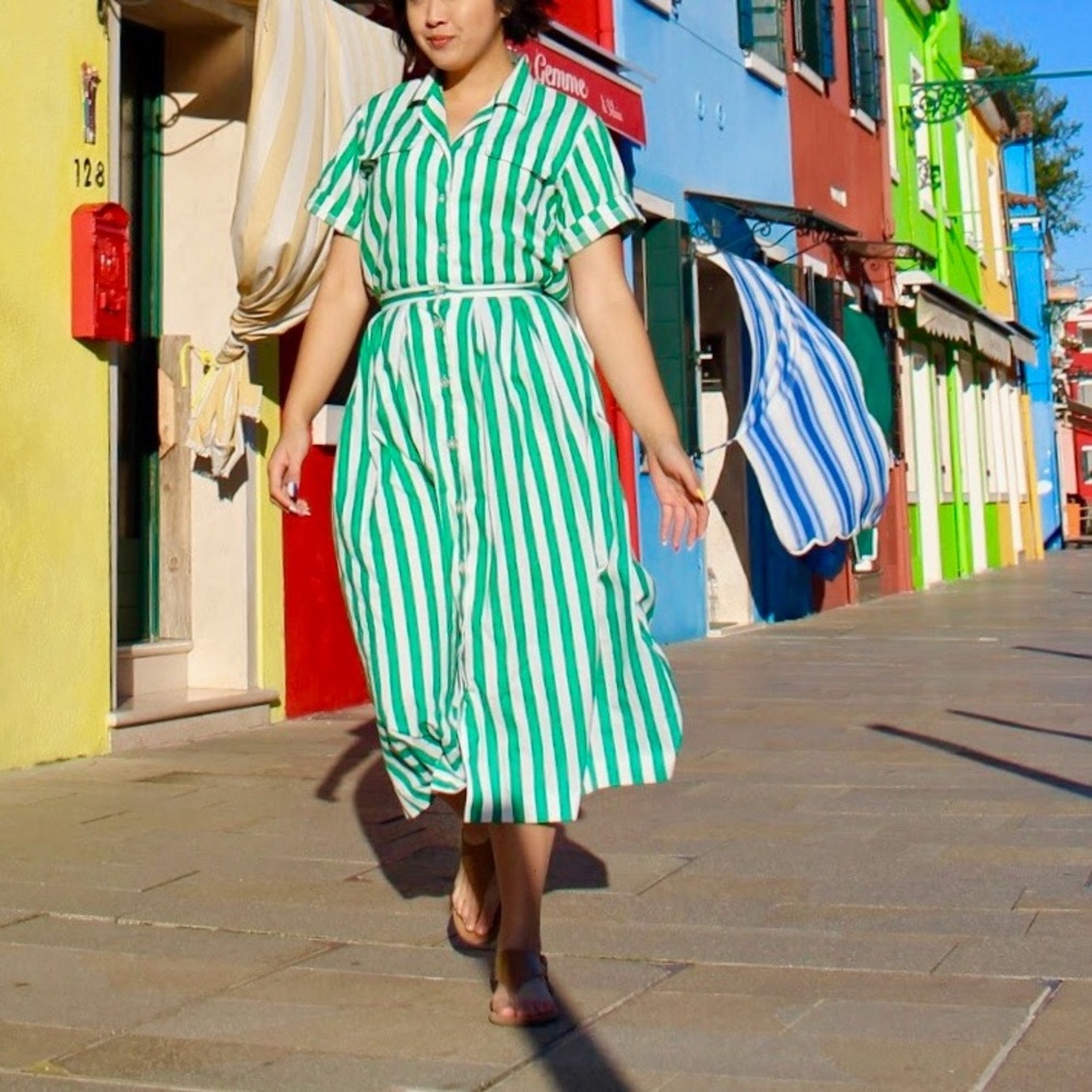 Vintage 2 piece green striped shirt and skirt set